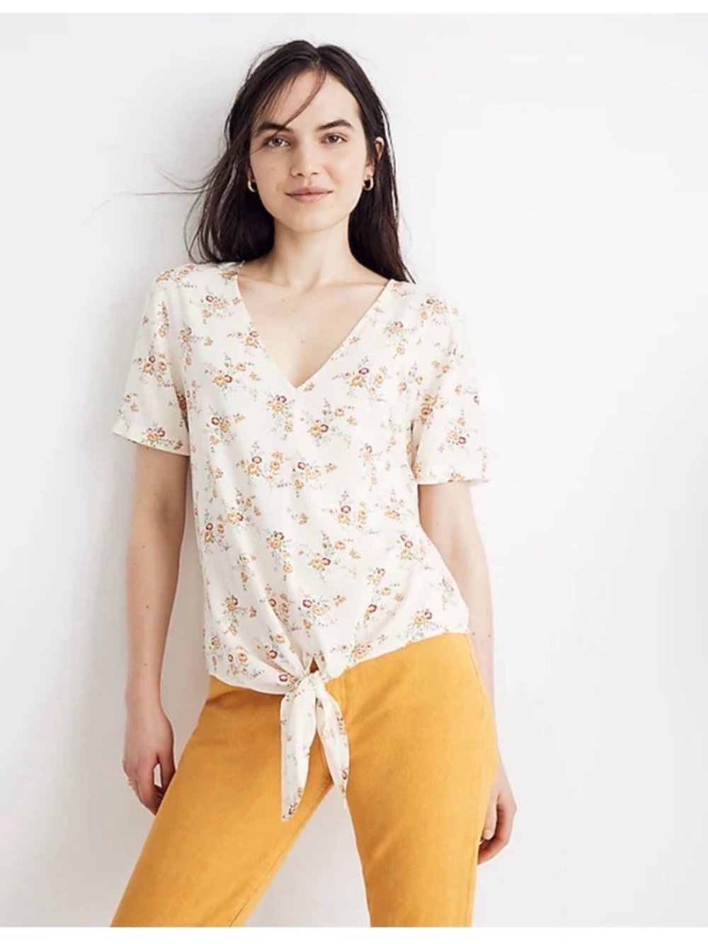Madewell Tie-Front V-Neck Top - Cream Floral Small - Picture 1 of 6